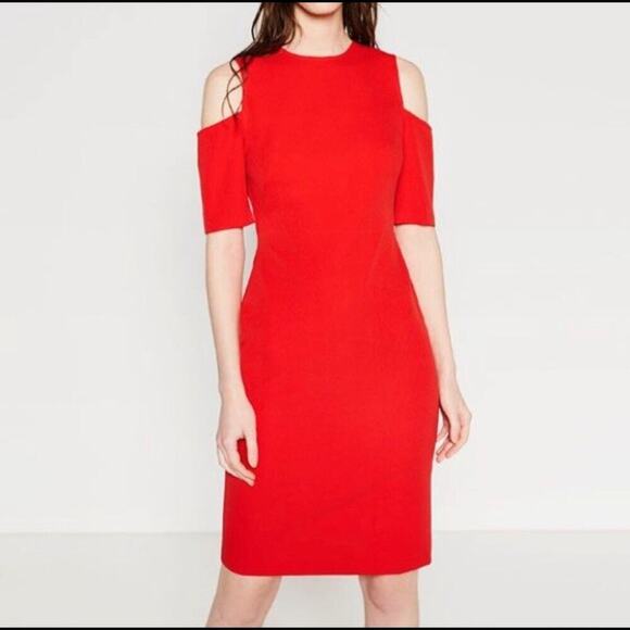 Zara Cut Out Cold Shoulders Holiday Party Shift Midi Dress Red Size Small Xmas - Picture 1 of 16